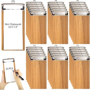 Wooden Half Page Clipboard, 30 Pcs Mini Clipboards, 7.9×3.9" Small Wooden Clip Boards with Low Profile Clips & Retractable Loops