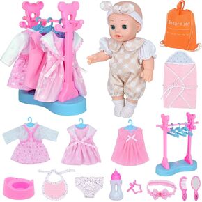 12'' Baby Doll Playset with Clothes Hanger, Swaddle Blanket, 4 outfits, Bib, Diaper, Pacifier, Feeding Bottle, Backpack and Accessories. 17 PCS Kid Pretend Play Toy Gift Set for Girls Age 3+