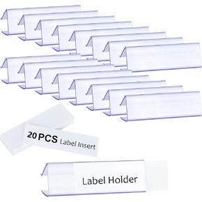 20 Pcs Shelf Label Holders Clear Plastic Shelf Label Holder Wood Shelf Sign Tag Ticket Sign Label Holders with Label Paper Inserts Clips On to Shelves 5/8''to 3/4''Thick Shelves (20)