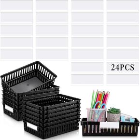 Boao Set of 12 Plastic Baskets with Label, 24 Pcs Transparent Label Holder with Adhesive Backing for Organizing Rectangular Storage Baskets Plastic Organizer Bins for Pharmacy Organization(Black)