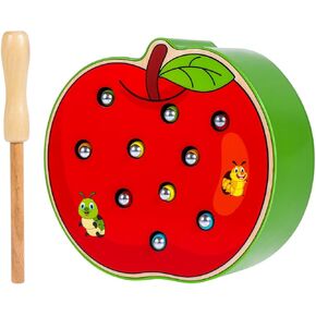 STOBOK Funny Apple Shaped Catch Insects Game Toy Wooden Magnetic Educational Toys for Kids Toddlers
