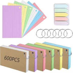 600PCS Index Cards with Ring, 3x5 Inches Colored Flash Cards, Punched Lined Flashcards wirh 100 Sticky Tabs for Studying, Heavy Note Cards Study Cards for Student Office