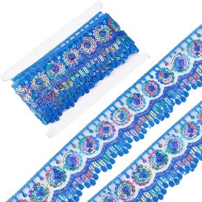 GORGECRAFT 5 Yards Blue Ethnic Embroidery Lace Trim 2-3/8" Shiny Floral Sequin Sparkle Lace Ribbon Sun Paillette Polyester Woven Ribbons with Thread Bobbins White Cards for Applique Sewing DIY Craft
