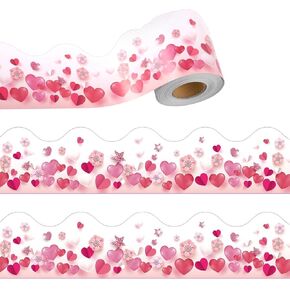 mdgfge Valentine's Day Bulletin Board Borders Decoration, 59 Feet Valentines Cute Heart Border Trim Watercolor Strips Stickers for Chalkboard School Classroom Board Decor Supplies (1 roll)