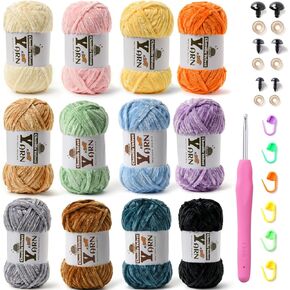 Sekafris 24 Pack Multicolor Crochet Yarns, Fluffy Chunky Chenille Yarn for Crocheting, Fuzzy Velvet Yarn for Crochet Kit, Baby Yarns for Crocheting Soft Amigurumi Set A (100g/87yds Each)