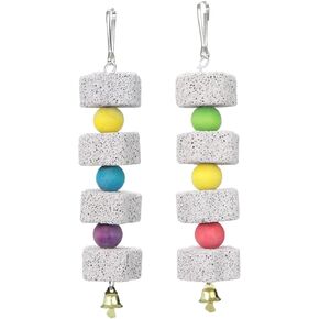 2Pcs Parrot Bird Chewing Toy, Bird Beak Grinding Stone with Bell, Lava Block Calcium Supplement Food for African Greys Amazon Conure Eclectus Budgies Parakeet Cockatiel Hamster Chinchilla Rabbit