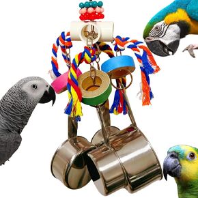 Durable Stainless Steel Pot Bagel Bird Toys for Parrots Cardboard Fatty Bagel Chewing Foraging Shredding for Medium and Large Parrot Amazons Mini Macaws African Greys Cockatoos Eclectus Guaker