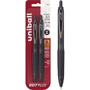 Uniball 207+ Black Retractable Gel Pens 2 Pack with Micro 0.5mm Points, Uni-Ball Click Pens are Fraud Proof and the Best Office Pens, Nursing Pens, Business Pens, School Pens, and Bible Pens