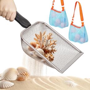 Sifter Top Race Sand Sifter لألعاب الشاطئ - مجرفة غربلة للأطفال الكبار - مغرفة شاطئ الشاطئ وحقيبة مقاومة للماء - إكسسوارات صيد الأسنان القرش - ألعاب رملية - مجموعة من 3