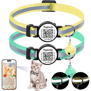 2 Pack Breakaway Cat Collars with Bells & Reflective Design - Adjustable Safety Kitten Collars for Boys & Girls - Cute Cat Collar with QR Code Smart ID Tag (Yellow&Green)
