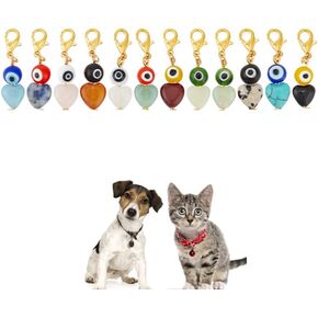 12pcs Evil Eye Heart Collar Pendants for Cat Dog, Gemstone Jewelry Charms Lampwork Pet Collar Pendants Clip-on Charms for Bag Decor Keychain Pet Necklace Training Home Decoration