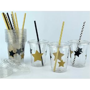 Black & Gold Star Party Cups, Disposable Plastic Cups, Lids, Straws, for Drinks & Beverages, Set of 12