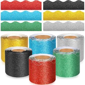 6 Rolls Glitter Bulletin Board Borders, 196.8 ft Colorful Borders for Bulletin Board Glitter Scalloped Border Trim Spring Back to School Bulletin Board Classroom Office Wall Decorations