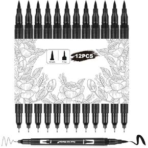 12 Pack Drawing Pens Black Felt Tip Markers Dual Brush Fineliners Pens Fine Calligraphy Brush Pens For Beginners Art Sketching Writing Hand Lettering Scrapbooking Journaling