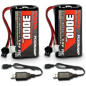 7.4V Li-ion Battery 3000mAh 2S Battery with SM-2P Plug Rechargeable High Capacity RC Battery Fit for WPL C24 MN D90 RC Cars, H101 RC Boat RC Truck Batteries with 2 USB Charger