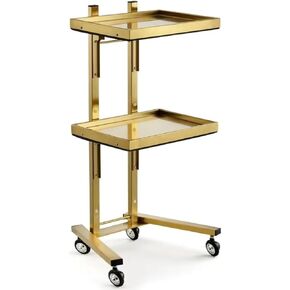 2-Tier Metal Rolling Cart - 34" Salon Tray on Wheels, Folding Stainless Steel Trolley for Estheticians, Salon Studios, and Shops, Gold