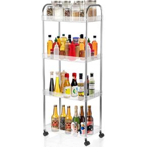 4 Tier Kitchen Bathroom Storage Rolling Cart 39 Inches Tall Slim Utility Rolling Shelf Cart with 4 Universal Wheels Coner Storage Shelves Cart (Acrylic)