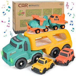 Car Carrier Toy Truck Light&Sound, Truck & Car Toys for Toddlers 1-3,2-4,3-5 Years Old Boys Girls,Christmas Birthday Gifts for 1-7 Year Kids.Wheat Straw Made Recycled Plastic, BPA Free