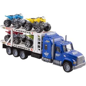 Vokodo Toy Semi Truck Trailer 15" Includes 4 ATVs Friction Carrier Hauler Kids Push And Go Big Rig Auto Transporter Vehicle Semi-Truck Car Pretend Play For Children Boys Girls Toddlers