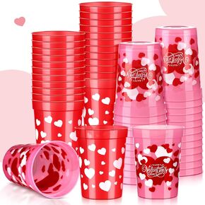 Layhit 48 Packs Valentines Cups Valentine's Day Party Plastic Cups Bulk 8oz Reusable Happy Valentine's Day Cups Red Pink Plastic Cup Heart Pattern Drink Tumbler for Valentines Wedding Party Supplies