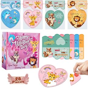 28 Pack Valentines Day Cards for Kids School, Heart Jigsaw Puzzle Set Toddler Valentine' s Day Gifts - Classroom Exchange Prizes Valentine Party Favor Supplies Toys for Boys Girls ages 3-12
