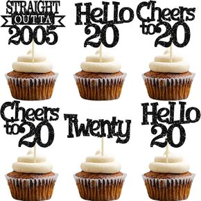 Ephlyn 24pcs Happy 20th Birthday Cupcake Topcake Glitter Straight Outta 2005 Cupcake يختار Hello 20 هتافًا إلى 20 عامًا من زينة الكيك لعيد ميلاد العشرين ، زخارف حفل الذكرى السنوية العشرين