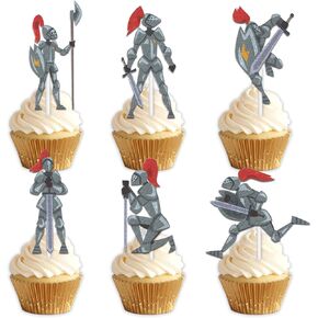 18pcs Glitter Dessert Cupcake Topper Pick for Medieval Knights Soldier Theme Decorations Men Boys Happy Birthday Party Decor Supplies