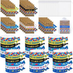 50 Sets Autism Awareness Headbands Include 100 Autism Hair Bands 50 Autism Awareness Cards 50 Organza Bag Autism Awareness Hair Accessories for Autism Awareness Party Supplies Teens Gifts (5 Designs)