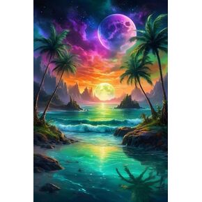Diamond Art Kits for Adults - Moon Landscape Beach Diamond Painting Kits DIY 5D Full Drill Diamond Dots Paintings with Diamonds Gem Art and Crafts for Home Decor 12x16 Inch