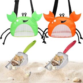 4pcs Beach Toy Mesh Range و Mesh Beach Bag Bag ، لتصفية الرمال وجمع القذائف ، وأدوات جمع قذيفة Sand Sifter (سلطعون برتقالي أخضر)