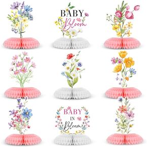 9 PCS Wildflower Baby in Bloom Baby Shower Decoration Spring Floral Flower Proflese Honeycomb Concliece for Table Decor