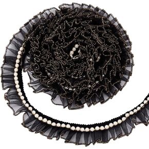 BENECREAT 4 Yards Lace Edge Ruffle Trim Ribbon Pleated, 40mm/1.55 Inch Wide Black Pearl Lace Trim with Gold Edge Organza Ruffles Tulle Fabric Trim for Sewing Costume Decoration Craft