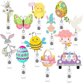 12 Pcs Easter Retractable Felt Badge Reel with Alligator Swivel Clips Cute Bunny Egg Nurse Badge Reel Holder for Easter Party Decor Volunteer Office Student Teacher Nurse Easter Gift