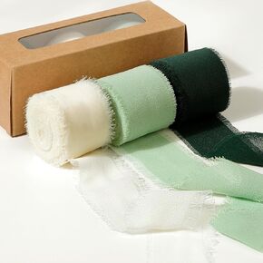 1.5" x 7 Yd 3 Rolls Soft Silk Ribbon Green Cream Ribbons Handmade Frayed Edges Ribbons for Gifts Wrapping Invitations Greeting Card Bouquets Party Ribbon Decorations