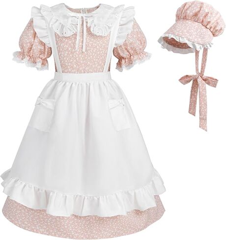 NSPSTT Colonial Costume Girls Pioneer Costume Prairie Dress Short Sleeve 3pcs Set in Kuwait