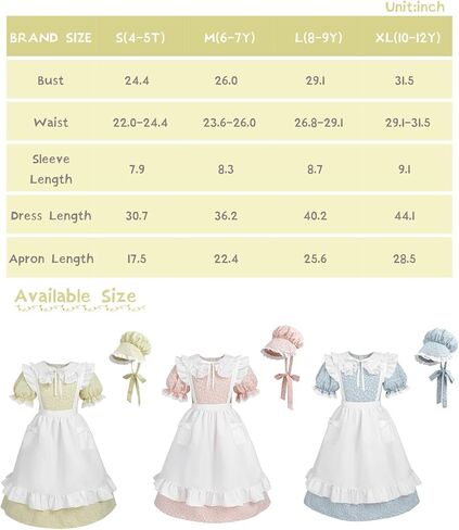 NSPSTT Colonial Costume Girls Pioneer Costume Prairie Dress Short Sleeve 3pcs Set in Kuwait