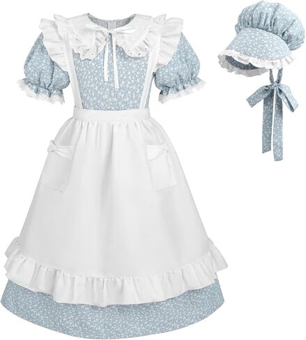 NSPSTT Colonial Costume Girls Pioneer Costume Prairie Dress Short Sleeve 3pcs Set in Kuwait