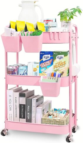 4-Tier Rolling Utility Cart, Metal Storage Cart with 3 Hanging Cups & 4 Hooks, Multifunctional Organization Cart with Lockable Casters for Bathroom, Kitchen, Living Room, Office, Pink in Saudi Arabia