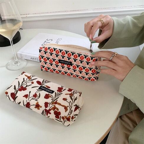 Flower Prints Pencil Pen Pouch Purse Bag Cosmetic Case Organizer Soft Cotton Canvas (D) in Saudi Arabia
