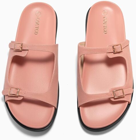 Coutgo Womens Flat Sandals Comfortable Wide Width Slides Double Strap Adjustable Buckle Slip on Shoes in Saudi Arabia