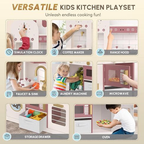 BIERUM Play Kitchen with Realistic Lights & Sounds, Wooden Kitchen Playset for Toddlers, Toy Kitchen with 26 Pcs Toy Food & Cookware Accessories, Gift for Boys & Gilrs Ages 3+ in Saudi Arabia