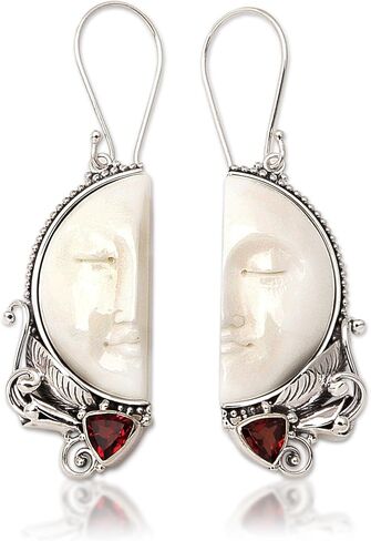 NOVICA Artisan Handmade Garnet Dangle Earrings Bone from Bali .925 Sterling Silver Red White Statement Indonesia Birthstone 'Half of My Soul' in Saudi Arabia