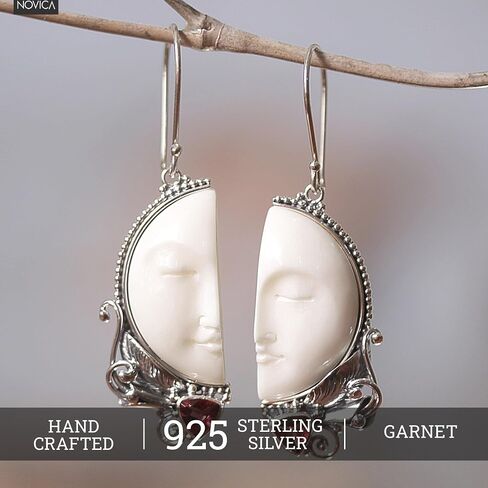 NOVICA Artisan Handmade Garnet Dangle Earrings Bone from Bali .925 Sterling Silver Red White Statement Indonesia Birthstone 'Half of My Soul' in Saudi Arabia