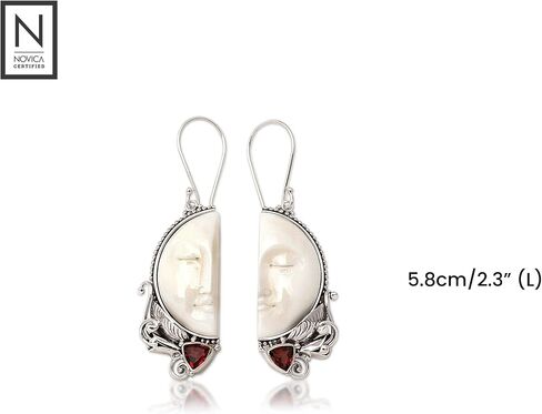 NOVICA Artisan Handmade Garnet Dangle Earrings Bone from Bali .925 Sterling Silver Red White Statement Indonesia Birthstone 'Half of My Soul' in Saudi Arabia