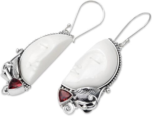 NOVICA Artisan Handmade Garnet Dangle Earrings Bone from Bali .925 Sterling Silver Red White Statement Indonesia Birthstone 'Half of My Soul' in Saudi Arabia
