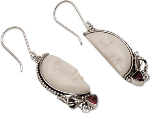 NOVICA Artisan Handmade Garnet Dangle Earrings Bone from Bali .925 Sterling Silver Red White Statement Indonesia Birthstone 'Half of My Soul' in Saudi Arabia