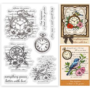 Vintage Clear Stamps for Card Making Flower and Bird Text Clear Stamps Retro Clock Clear Stamps for Scrapbooking Wish Words Rubber Transparent Seal Stamps for DIY Photo Album Crafting
