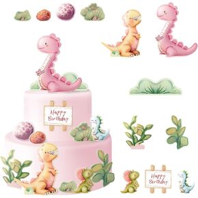 Dinosaur Cake Topper for Girl Baby Pink Dinosaur Cake Toppers, Cute Long Neck Rex Fondant Cartoon Birthday Party Cake Decorations, Purple Watercolor Hatching Dino Eggs Baby Shower Green Cake Decor