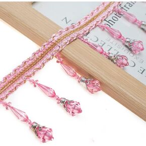 Yalulu 4 Yards Beading Fringe Tassel Trimming Long Beads Tassel Fringe Trim Curtain Trim Ribbon for Cover Decorative Curtain Tape (Pink)