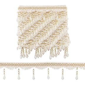 PH PandaHall 12 Yards Beaded Fringe Trim, 3-3/4 inch Sewing Trim Fringe Hanging Tassel Trim Golden Crystal Beaded Trim Lace Ribbon for Curtain Tablecloth Home Decor Dress Clothes DIY Crafting